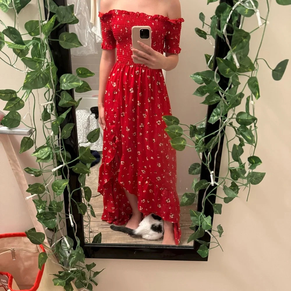 Francesca’s Red floral off shoulder high low maxi